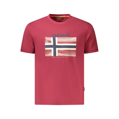 Napapijri Red Cotton Men T-Shirt featuring a Norwegian flag design and logo, crafted from 100% organic cotton. Perfect for sustainable fashion lovers.