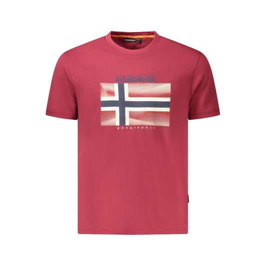 Napapijri Red Cotton Men T-Shirt featuring a Norwegian flag design and logo, crafted from 100% organic cotton. Perfect for sustainable fashion lovers.