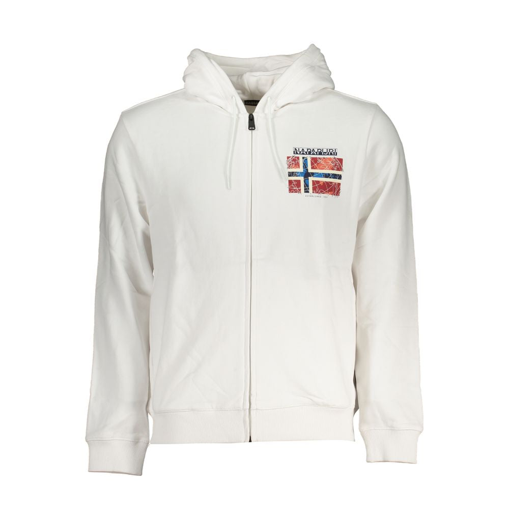 Napapijri White Cotton Men Sweater with zip closure and logo on chest, featuring a hood and two pockets in soft brushed cotton.