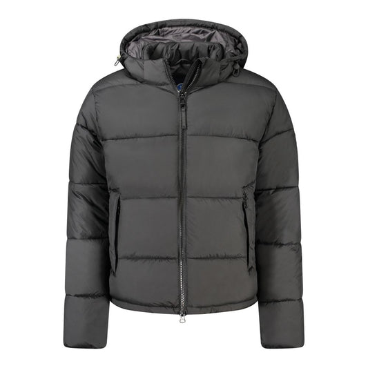 North Sails Black Polyester Men Jacket with removable hood and ample storage pockets, showcasing a modern and durable design.