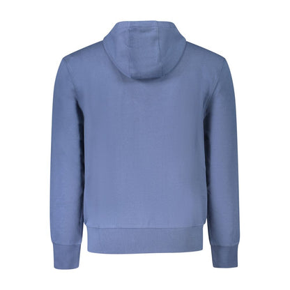 Back view of North Sails Blue Cotton Men Sweater showcasing its hooded design and eco-friendly brushed cotton fabric.