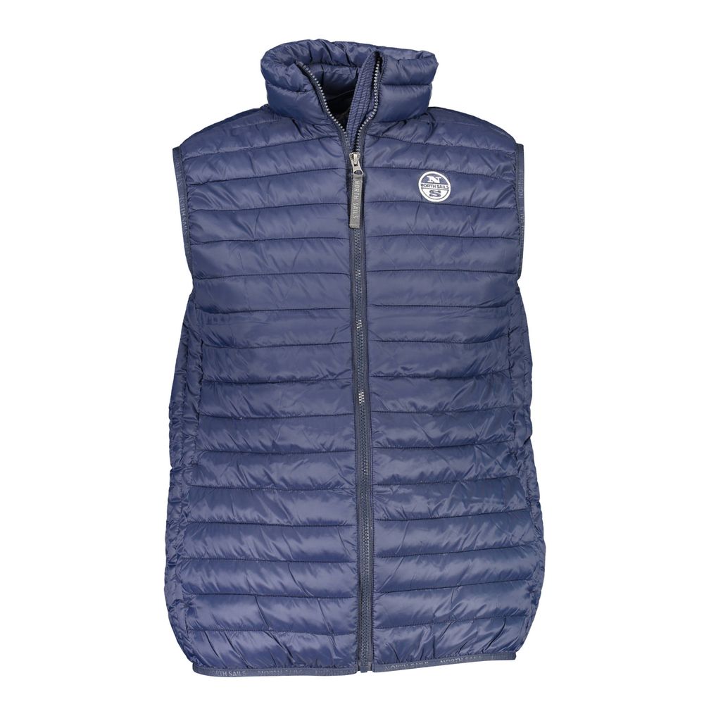North Sails Blue Polyamide Men Jacket with logo and zip front, showcasing versatile and stylish sleeveless design with external pockets.