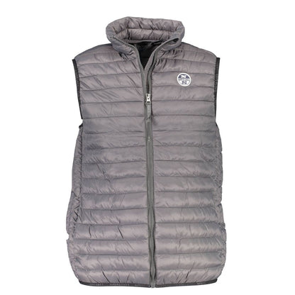 Front view of North Sails Gray Polyamide Men Jacket featuring zip and logo on a gray sleeveless design.