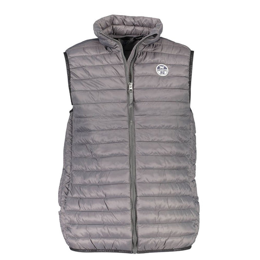 Front view of North Sails Gray Polyamide Men Jacket featuring zip and logo on a gray sleeveless design.