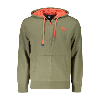 North Sails Green Cotton Men's Hooded Sweater with zip and logo, featuring orange lining and pockets.