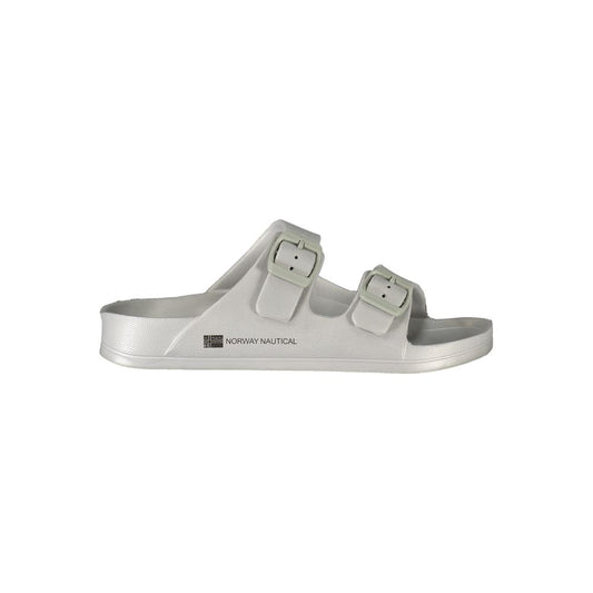 Norway 1963 Gray Plastic Women Sandal with two buckles and brand logo, showcasing contemporary chic style.