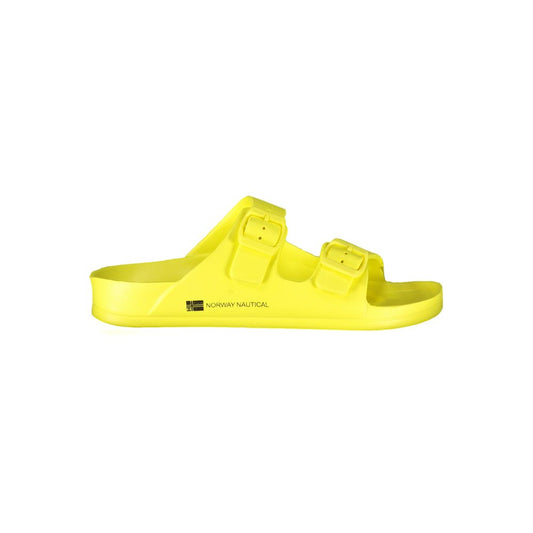 Norway 1963 Yellow Plastic Women Sandal with two bold buckles and logo, showcasing retro-modern style.
