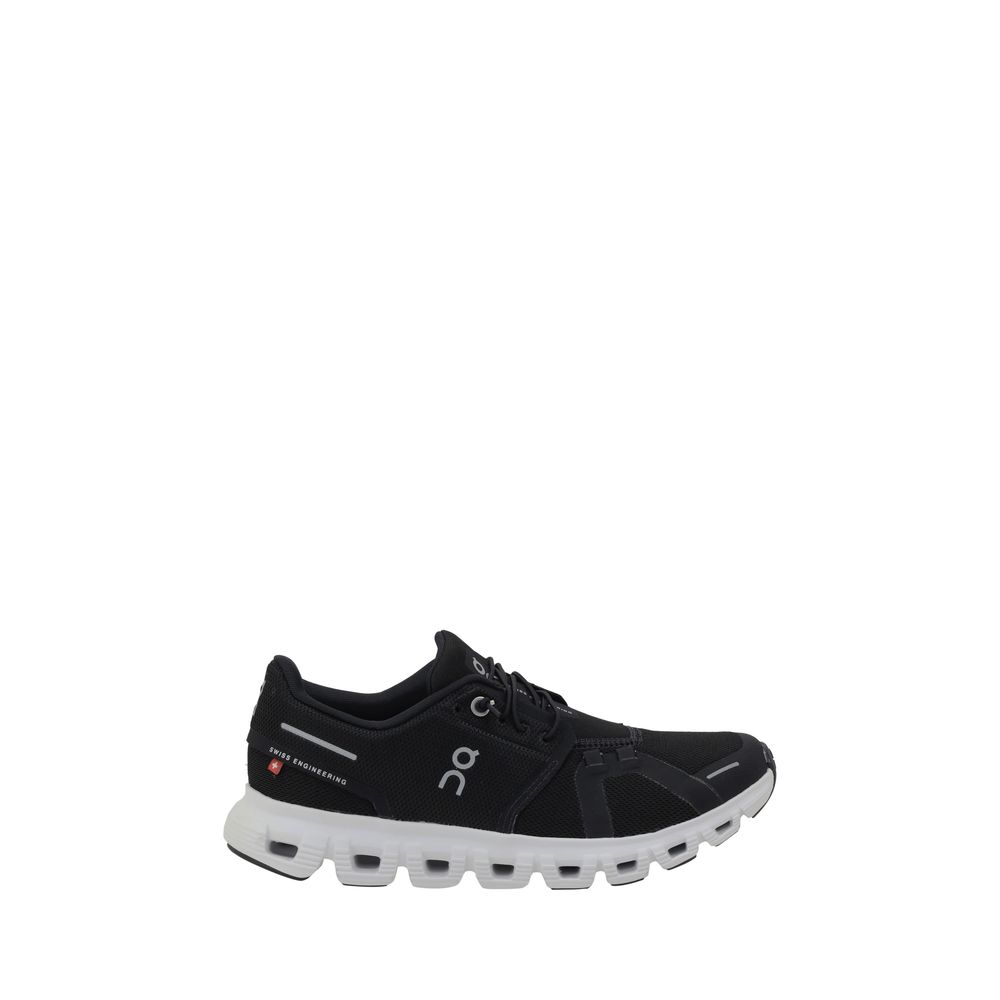 Alt Tag: ON Black Polyester Athletic Sneakers with CloudTec technology, featuring quick lacing, rubber outsole, and contrasting monogram design.