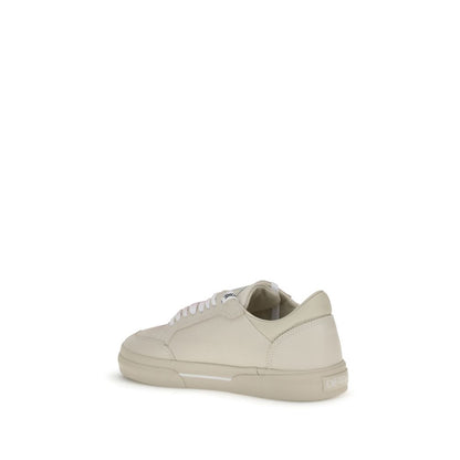 Side view of Off-White Beige Leather Low Top Sneakers with vulcanized rubber sole and iconic Arrow motif.