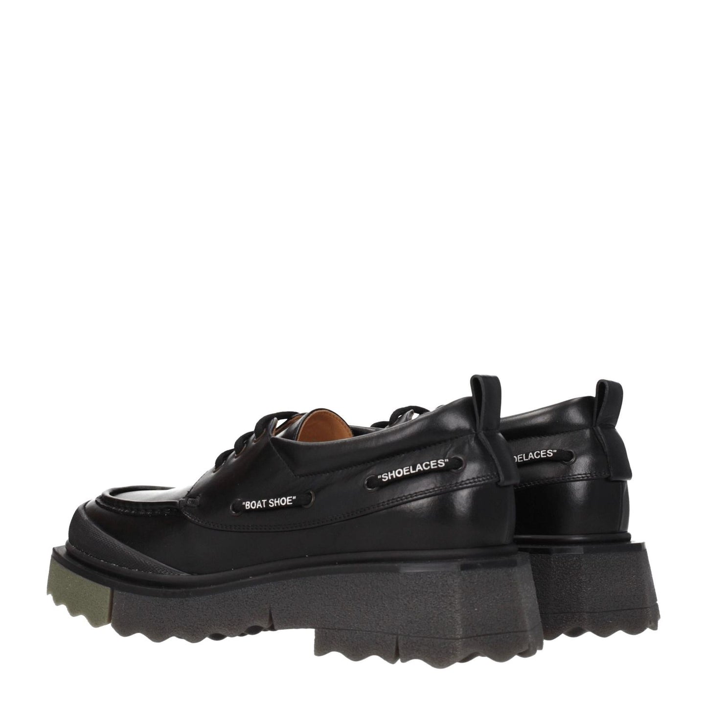 Off-White Black Leather Slip-On Loafers with rubber sole, vintage effect, lace-up design, and mid heels. Style: Street, MPN: OMIG006LEA0011056.