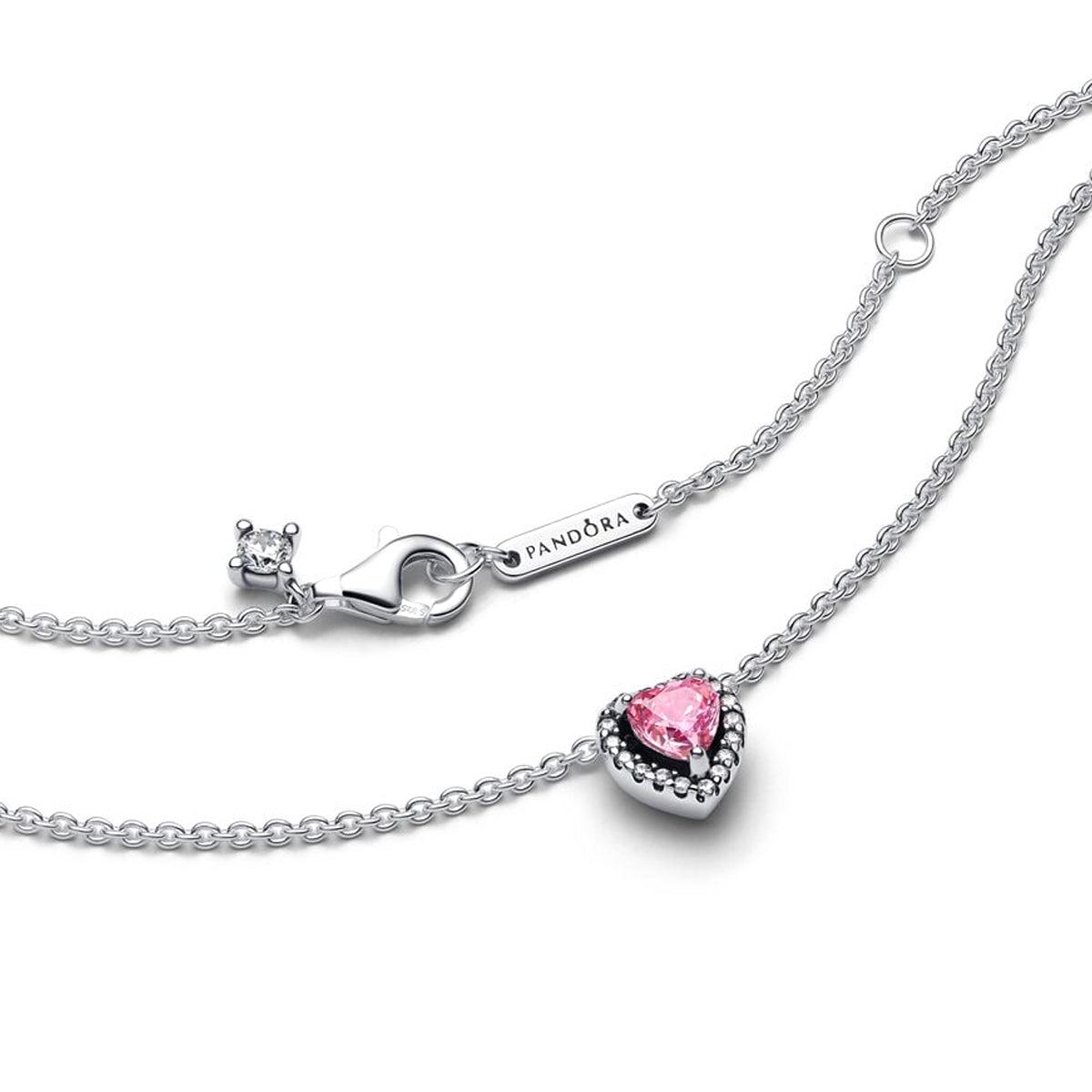 Silver heart necklace with pink stone, PANDORA JEWELRY Mod. 398425C02-45, showcasing intricate design and elegance.