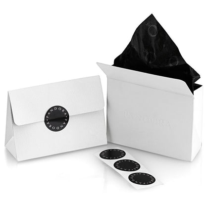 PANDORA JEWELRY Mod. 594028C00-17 packaging with black tissue paper and branded stickers in white boxes
