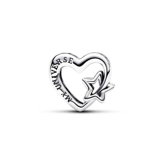 PANDORA JEWELRY Mod. 792829C00 heart-shaped silver charm with 'My Universe' inscription featuring star design.