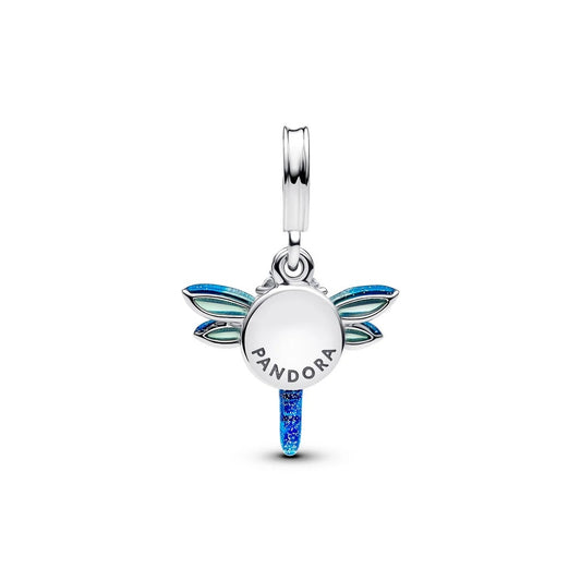 PANDORA JEWELRY Mod. 793745C01 dragonfly charm with blue and green enamel wings and silver detailing.