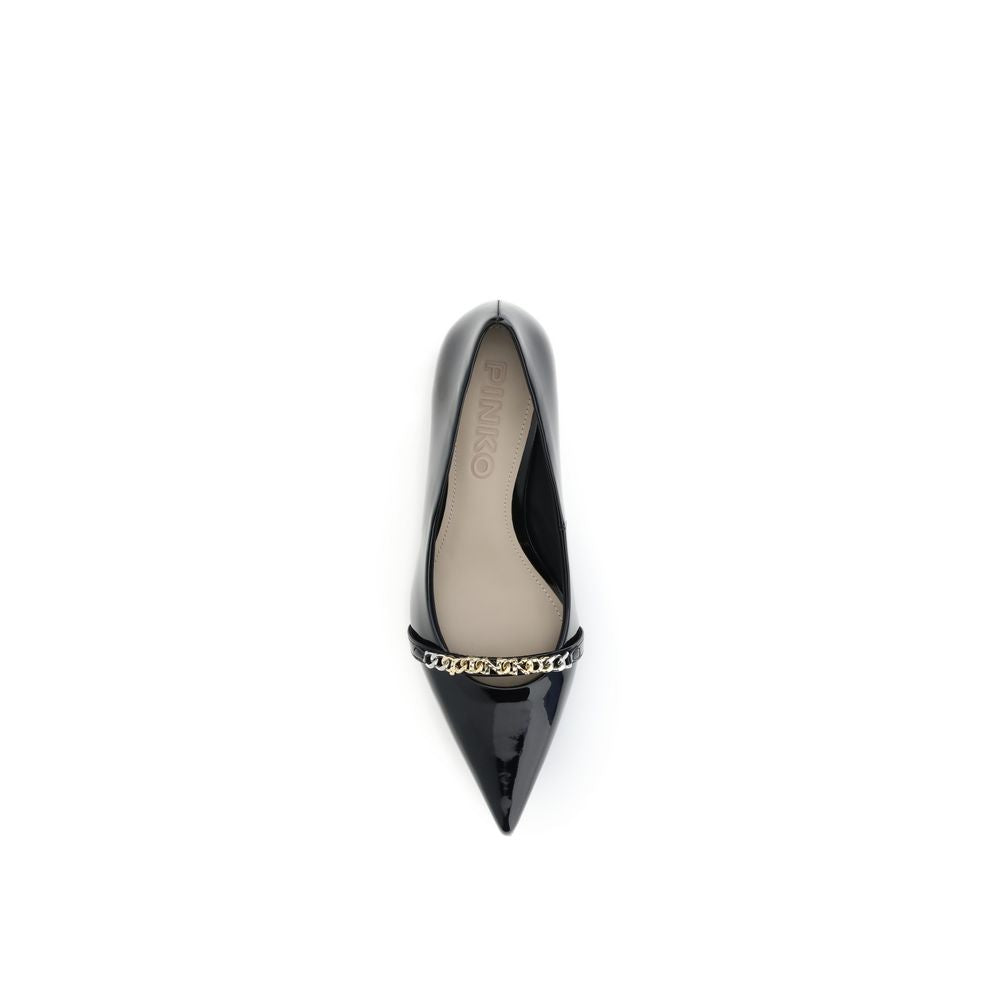 PINKO Black Calf Leather Bos Taurus Mid Heel Pumps with pointed toe and chain detail, top view.