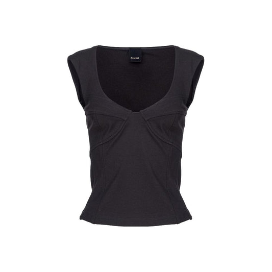 PINKO Black Viscose Women Top with wide neckline and side zip, sleek and sophisticated Italian design, sleeveless for elegant styling.