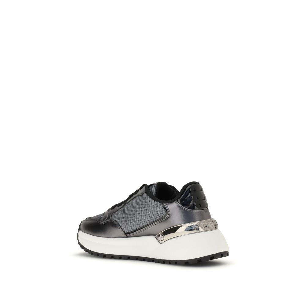 PINKO Gray Fabric Low Top Sneakers with durable rubber sole and decorative applique, showcasing the back view of almond toe and reinforced heel design.