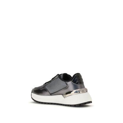 PINKO Gray Fabric Low Top Sneakers with durable rubber sole and decorative applique, showcasing the back view of almond toe and reinforced heel design.