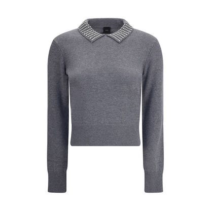 PINKO Gray Nylon Sweatshirt with rhinestone collar, ribbed hem and cuffs, simple yet elegant design for AW25 season.