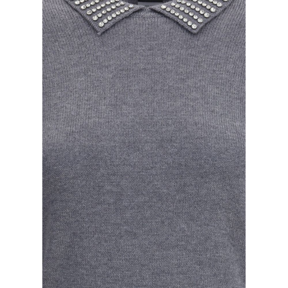 PINKO Gray Nylon Sweatshirt with rhinestone collar, ribbed hem and cuffs, elegant AW25 fashion.