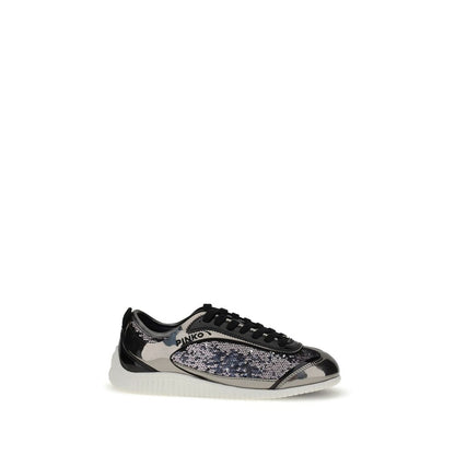 PINKO Silver Nylon Chunky Sneakers with sequins and rubber sole, featuring a round toe and lacing for a glamorous casual look.