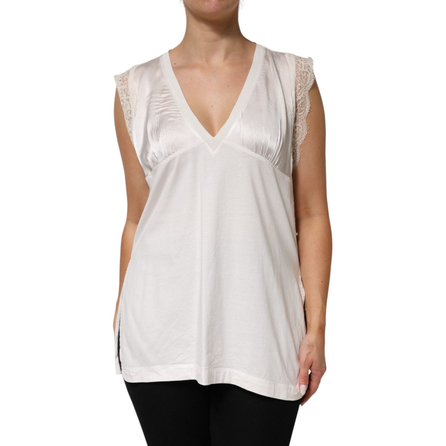 PINKO White Silk Blend Lace Trim Sleeveless V-Neck Women’s Top