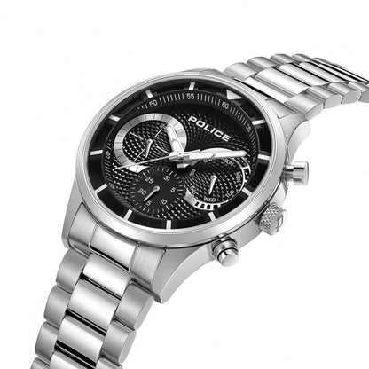 Silver POLICE WATCHES Mod. PEWGK0040303M with black dial and stainless steel bracelet, featuring chronograph design.