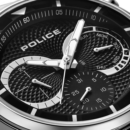 Close-up of POLICE WATCHES Mod. PEWGK0040303M showing intricate black and silver dial design.