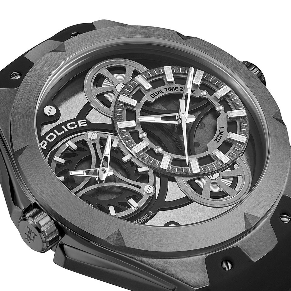 Close-up of POLICE WATCHES Mod. PEWGM0081701 showcasing dual time zone detail in a modern, stylish design.