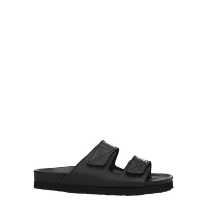 Palm Angels Black Leather Flat Sandals with front logo and strap closure on a low rubber sole.