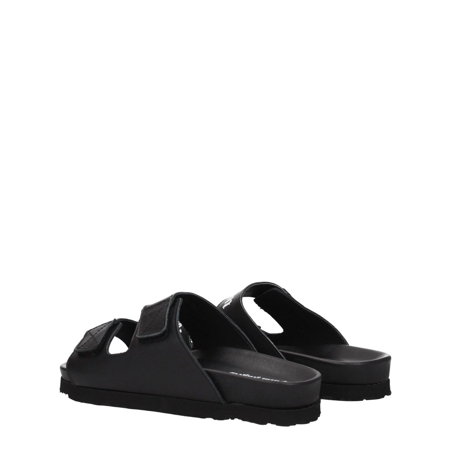 Palm Angels Black Leather Flat Sandals with front logo and strap closure, low rubber heel.