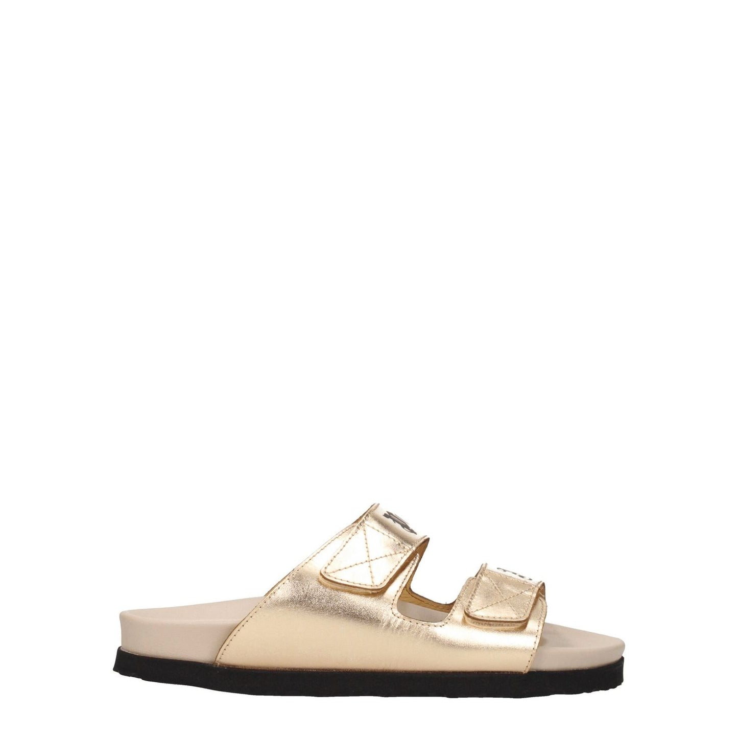 Palm Angels Gold Leather Slippers with metallic effect, open toe, and strap closure. Features low flat heel and rubber sole.