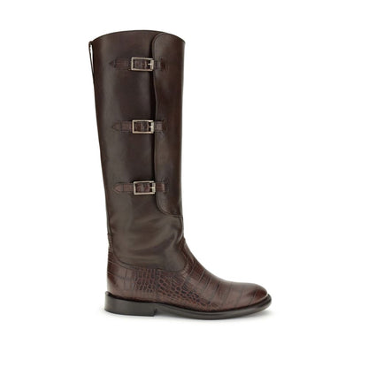 Paris Texas Brown Leather Lace-Up Boots with decorative buckles and embossed details