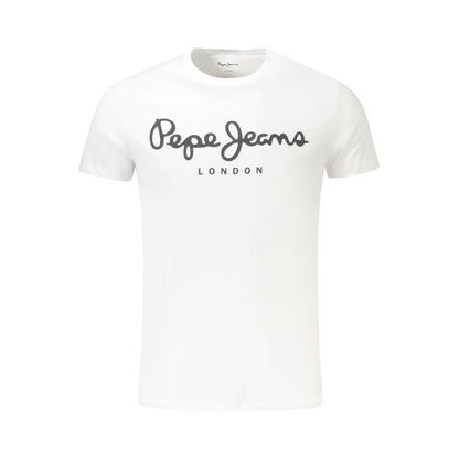 Pepe Jeans White Cotton Men TShirt with logo print and crew neck, sustainable fabric, slim fit, stylish and eco-friendly, color white.