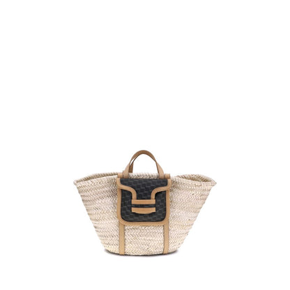 Pierre Hardy Beige Raffia Shoulder Bag with black and beige trim, featuring multiple handles and an internal pouch.