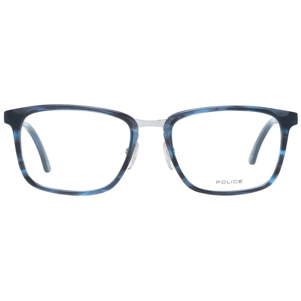 Police Blue Plastic Glasses (Frames) with full-rim rectangular design for men, blue color, plastic material, size 52-18-140 mm.