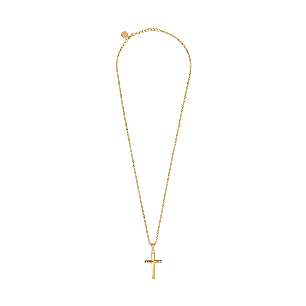 Gold cross pendant necklace from RADIANT JEWELS JEWELRY Mod. RH000109 displayed against a white background.