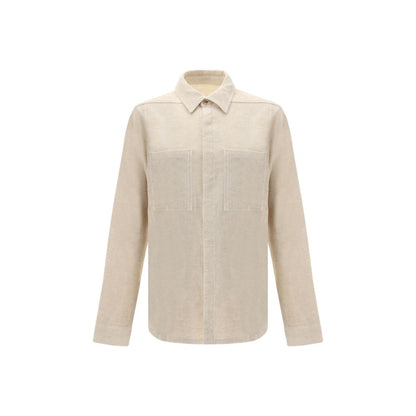 Rick Owens Cream Cotton Shirt with classic collar and patch pockets, featuring a minimalist design for AW25 season.