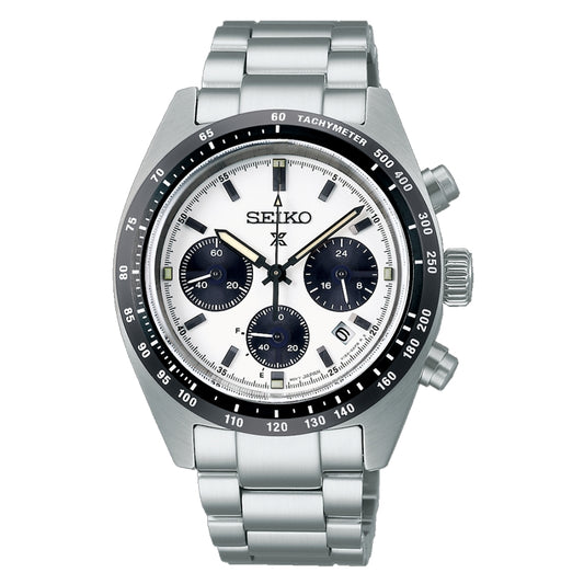 SEIKO PROSPEX Mod. SPEEDTIMER Chrono watch with silver band and black tachymeter bezel.