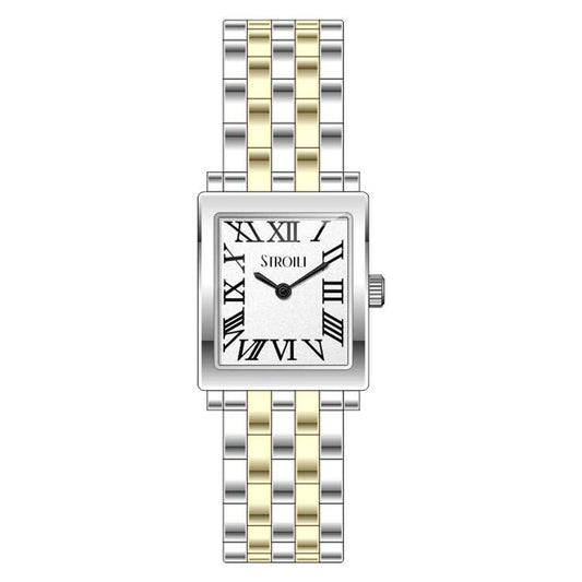 Luxury watch featuring a two-tone metallic band and Roman numeral face, branded as STROILI Mod. 1698376.