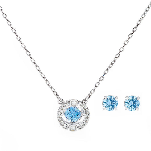 SWAROVSKI Mod. 5480485 lady's necklace in silver with blue stone, shown with matching earrings, official box included.