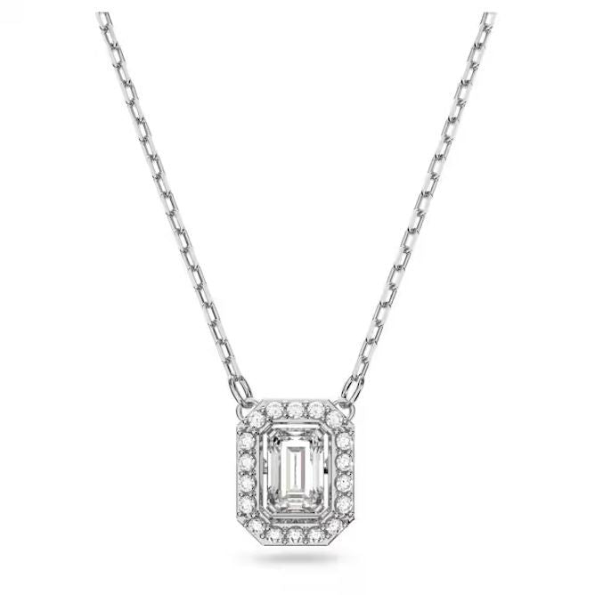 Elegant Swarovski crystal pendant necklace on silver chain with rectangular gemstone surrounded by smaller crystals, showcasing delicate design.