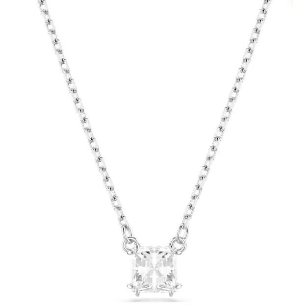 Elegant silver necklace with a square gemstone pendant, featuring a delicate chain for a classic, timeless look.