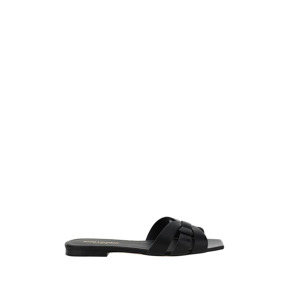 Saint Laurent Black Calf Leather Bos Taurus Sandals, open square toe, braided design, press-studded logo insole, leather block heel.