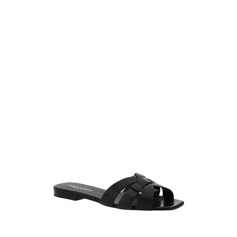 Saint Laurent Black Calf Leather Bos Taurus Sandals with braided front design and slight block heel, perfect for AW25 fashion.