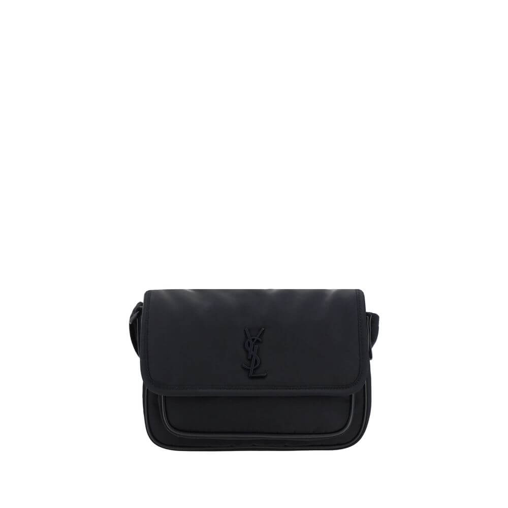 Saint Laurent Black Polyamide Shoulder Bag with YSL logo, adjustable strap, and magnetic flap closure, AW25 collection, 21x21x6 cm