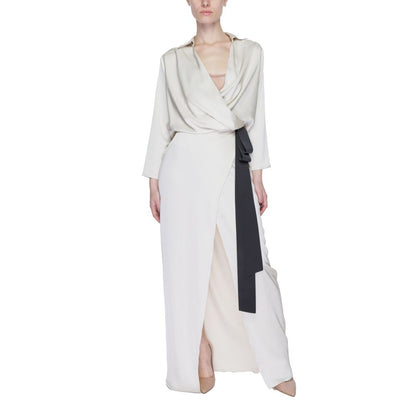 Sandro Ferrone Beige Polyester Long Dress with wrap neckline and side belt
