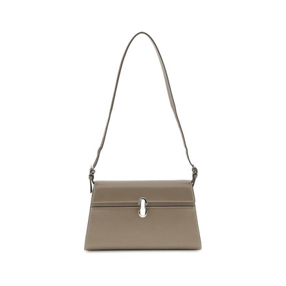 Savette Beige Calf Leather Bos Taurus Shoulder Bag with adjustable strap and iconic Symmetry turnlock closure.
