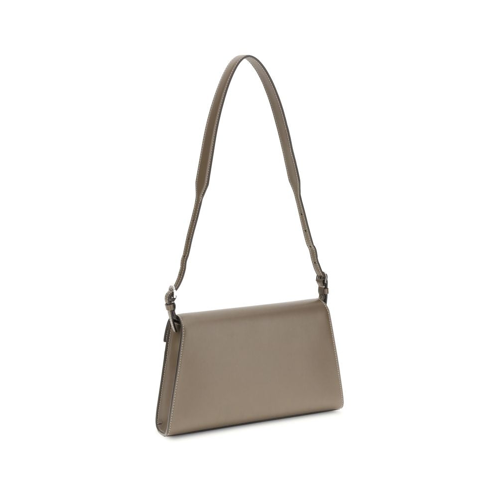 Savette Beige Calf Leather Bos Taurus Shoulder Bag with adjustable strap and turnlock closure, featuring minimalist geometric design.