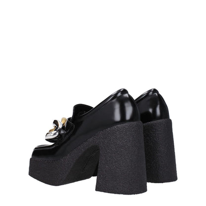 Stella McCartney Black Leather Platform Loafers with front detail, vintage effect, high heel, and eco leather, square toe design.